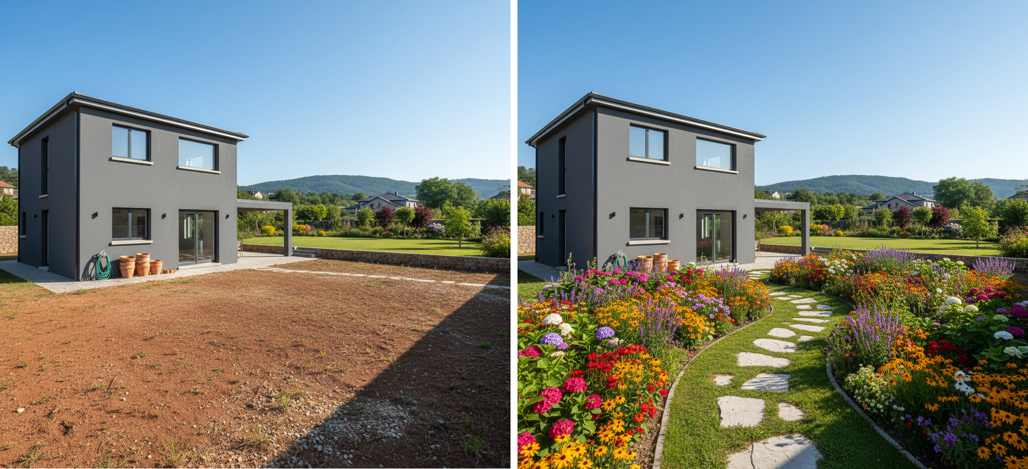 GardenDream design preview showing a before and after of a new home's backyard