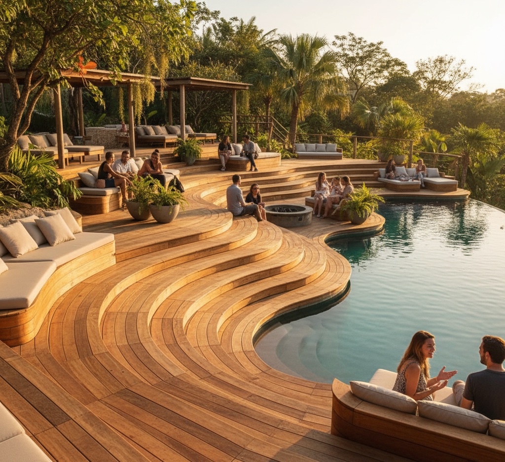 Warm wooden multi-level pool deck with built-in seating