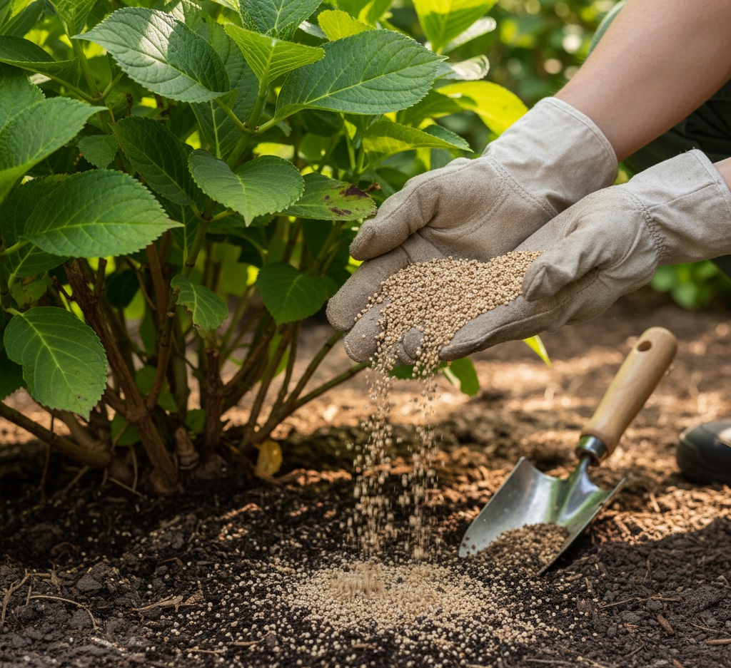 Gardener hands applying soil amendments around the base of a hydrangea bush