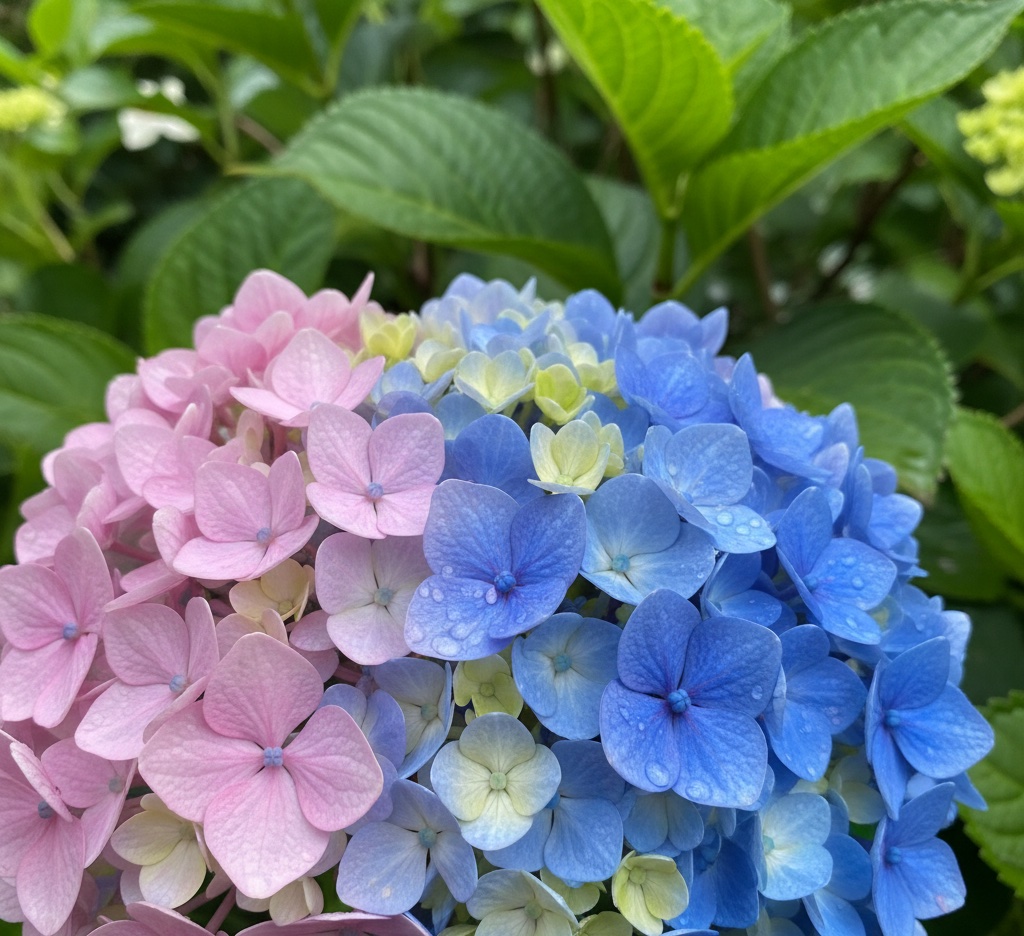 A lush hydrangea bush showing a gradient of blooms from pink to blue
