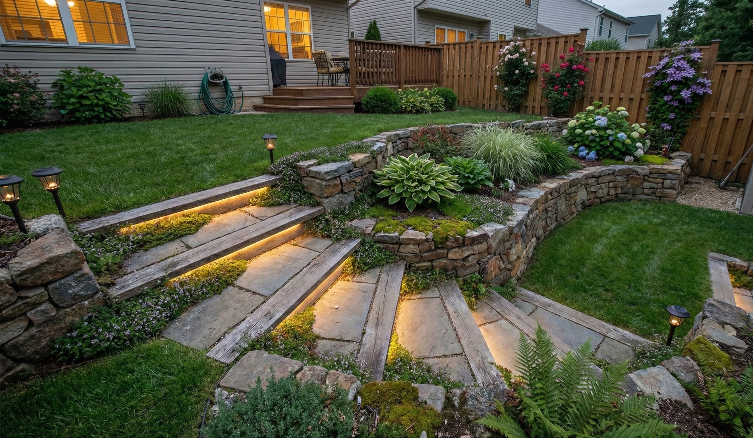 Multi-level backyard garden featuring stone and wood steps with integrated warm LED strip lighting.