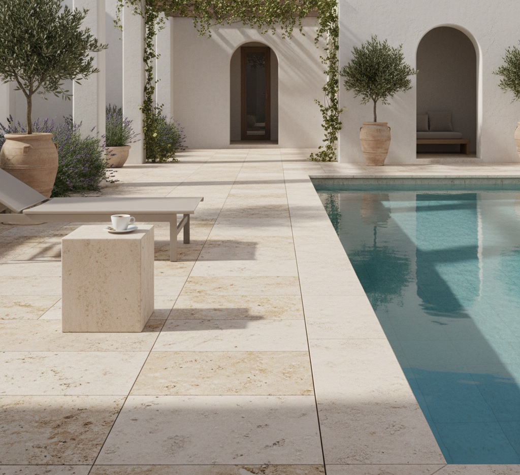 Minimalist limestone pool deck with Mediterranean vibes