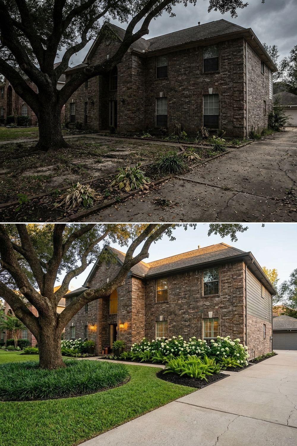 Heavy brick facade balanced by front-yard planting