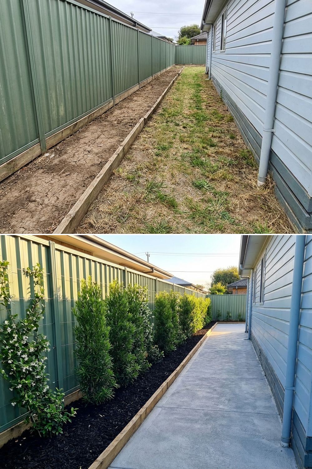 Privacy planting idea for a narrow bed against a side fence