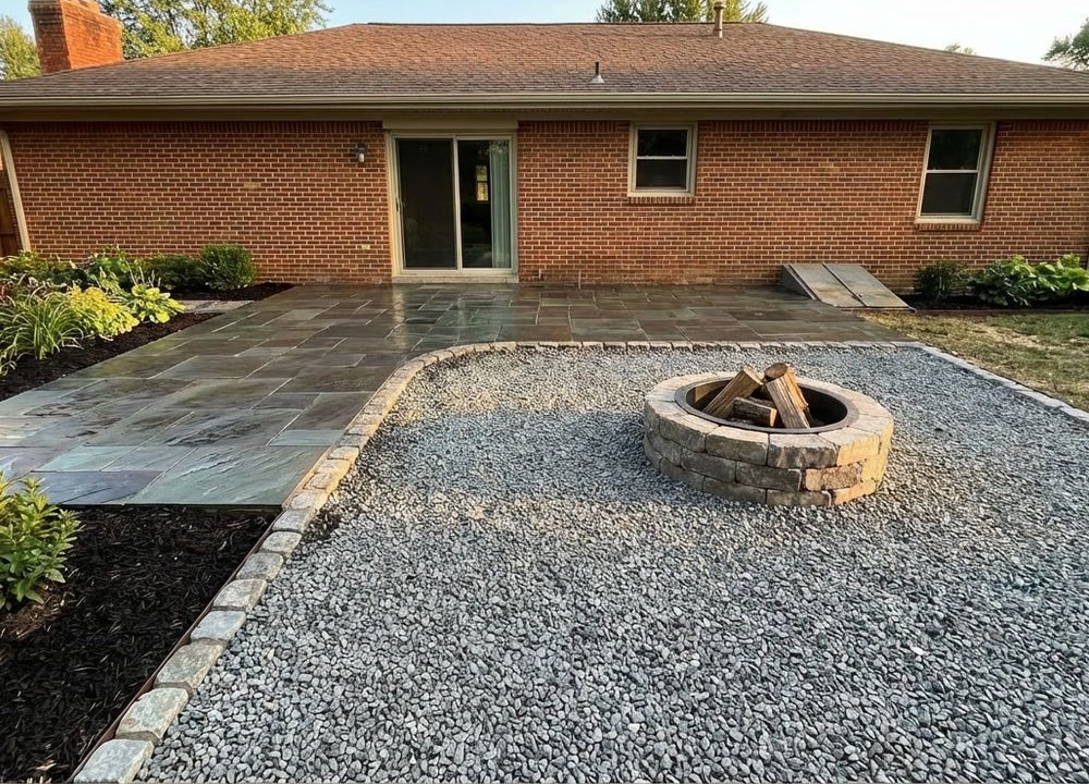 Backyard patio with a gravel extension and fire pit area