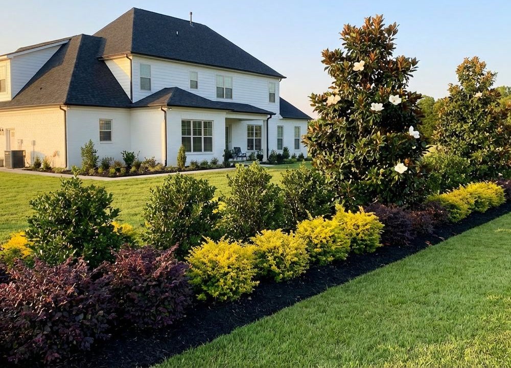 Layered backyard privacy planting with a deeper screen and soft foreground planting