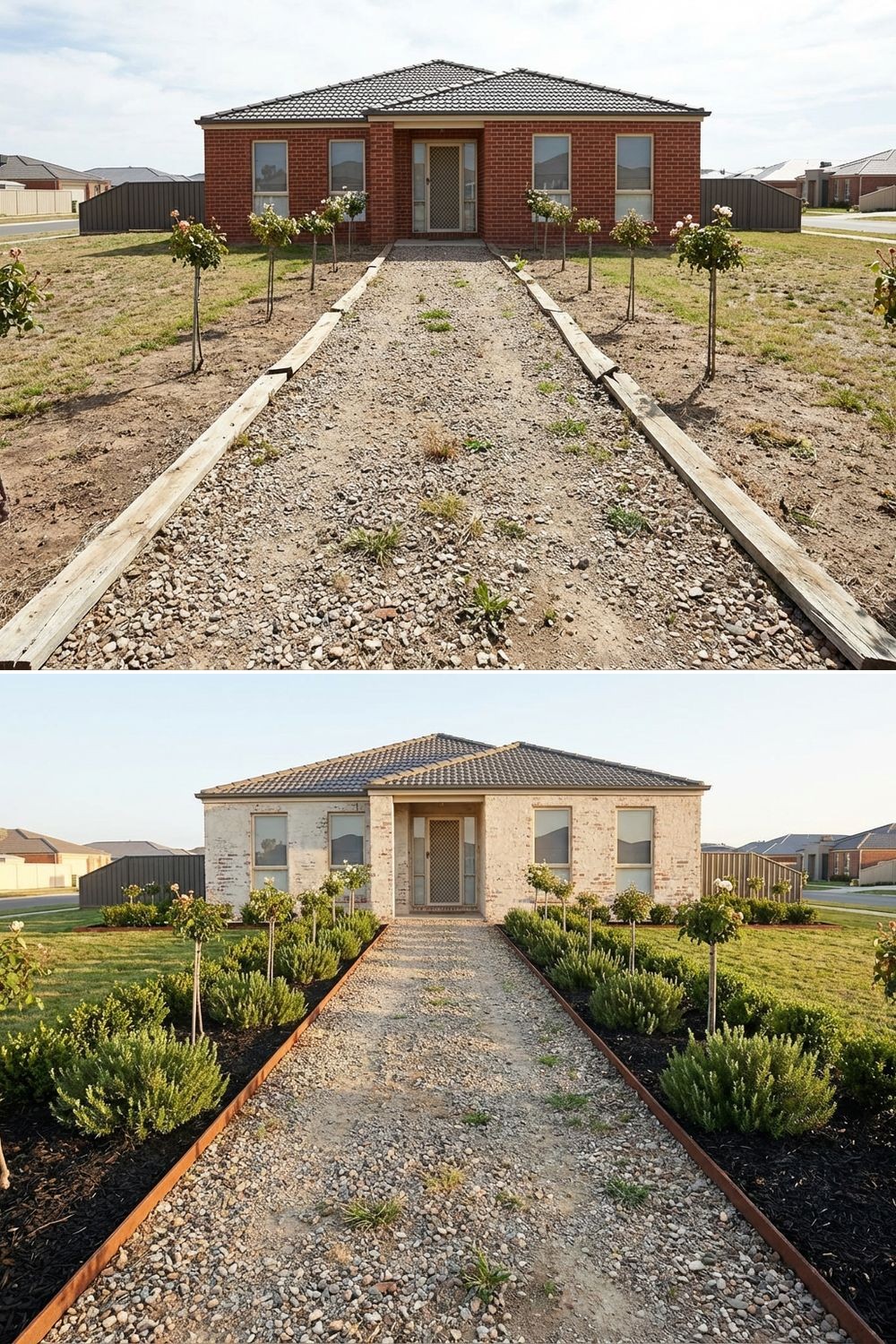 Brick house with a stronger front walk and planted entry sequence
