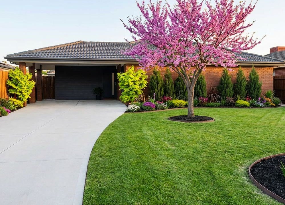 Front yard curb appeal example with a softened driveway edge and stronger planting structure