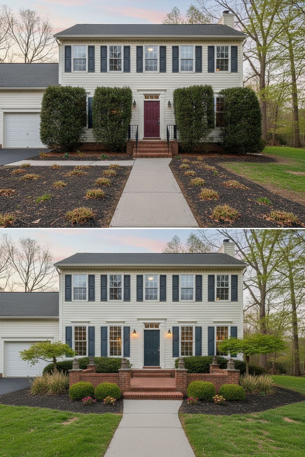 Colonial front porch improved with a larger stoop and stronger base planting