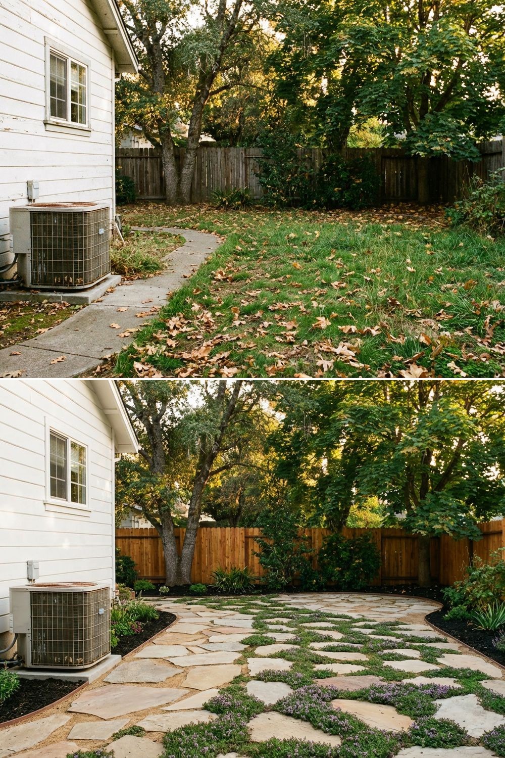 Small backyard patio built from large flagstone pieces
