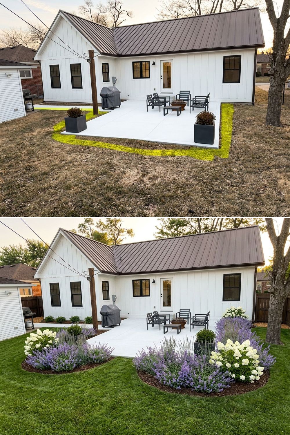 Backyard patio framed by curved planting beds
