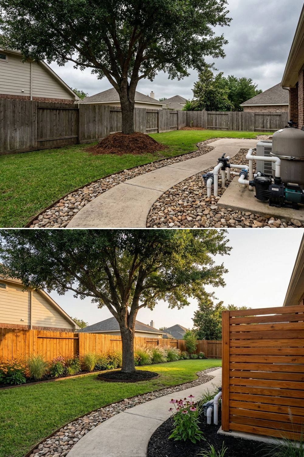 Side yard with pool equipment screened by fencing and planting