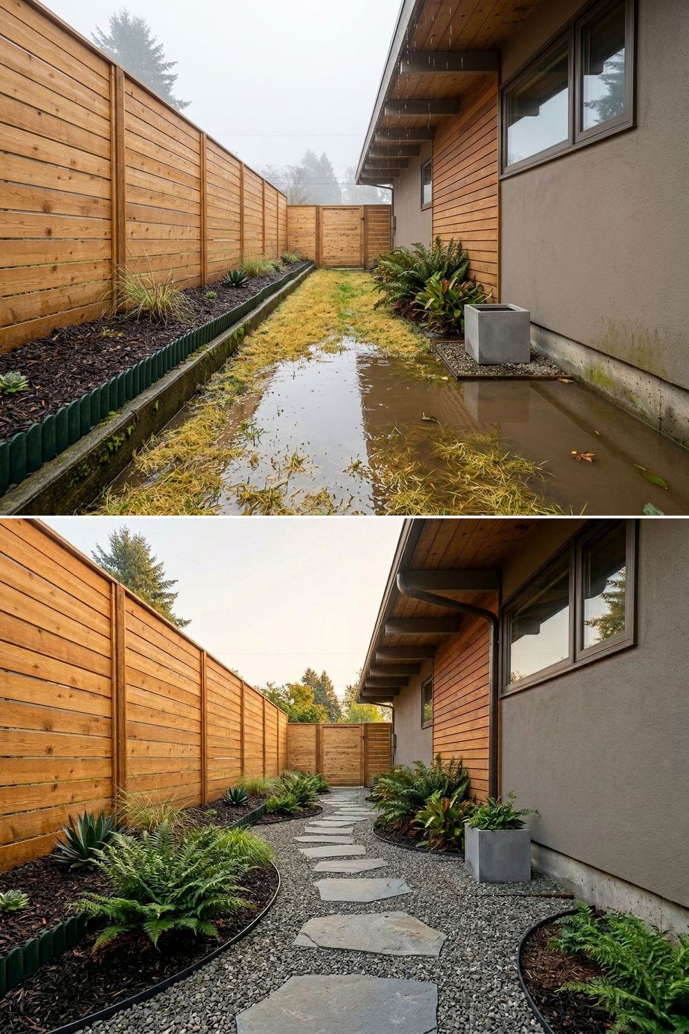 Flood-prone side yard turned into a gravel path with stepping stones