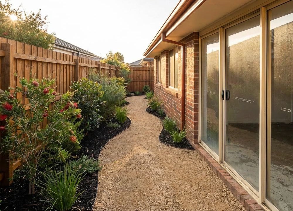 Narrow side yard with a curved path and planted edges along the house
