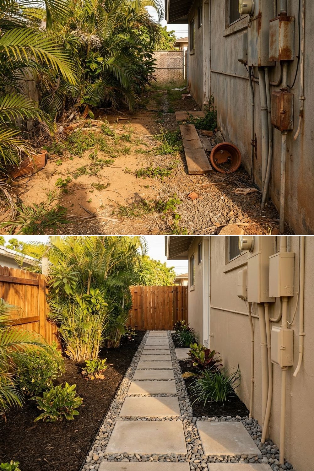 Narrow side yard with a durable stepping path and tropical planting