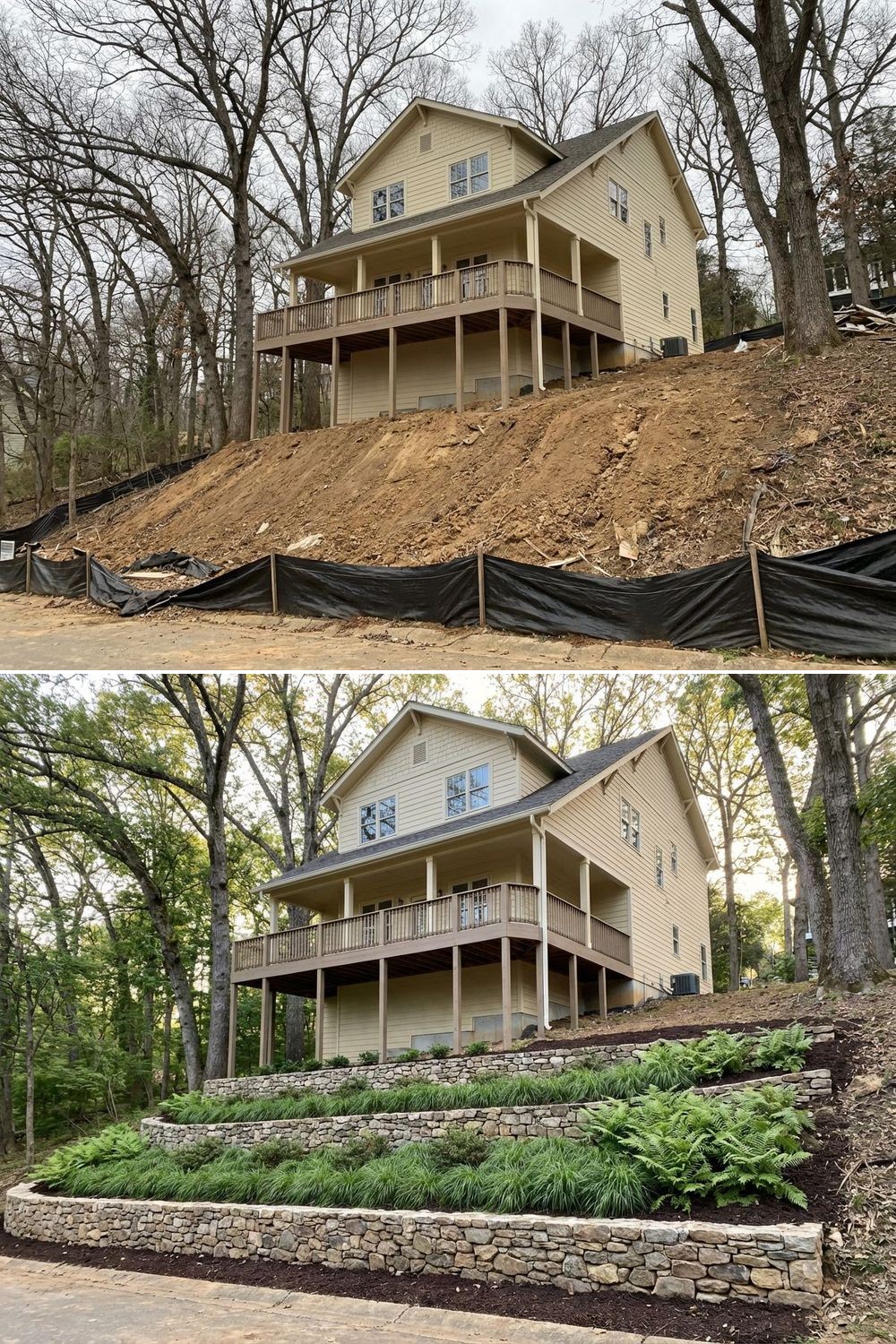 Steep backyard slope stabilized with terraced retaining walls and planting