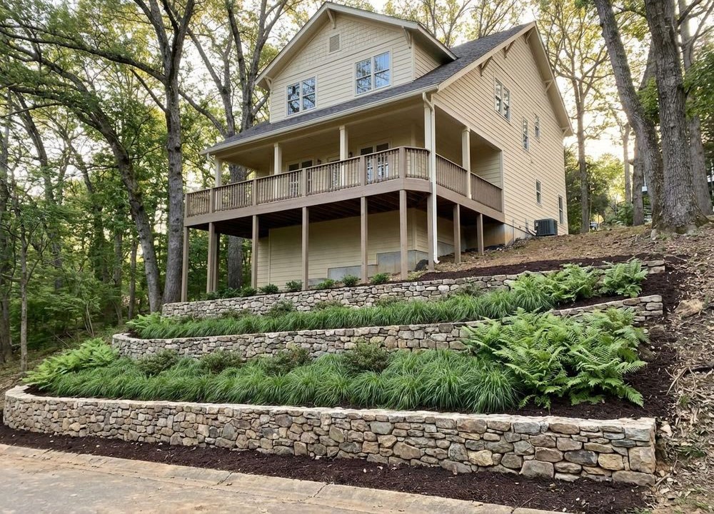 Terraced sloped backyard with retaining walls and planted hillside structure