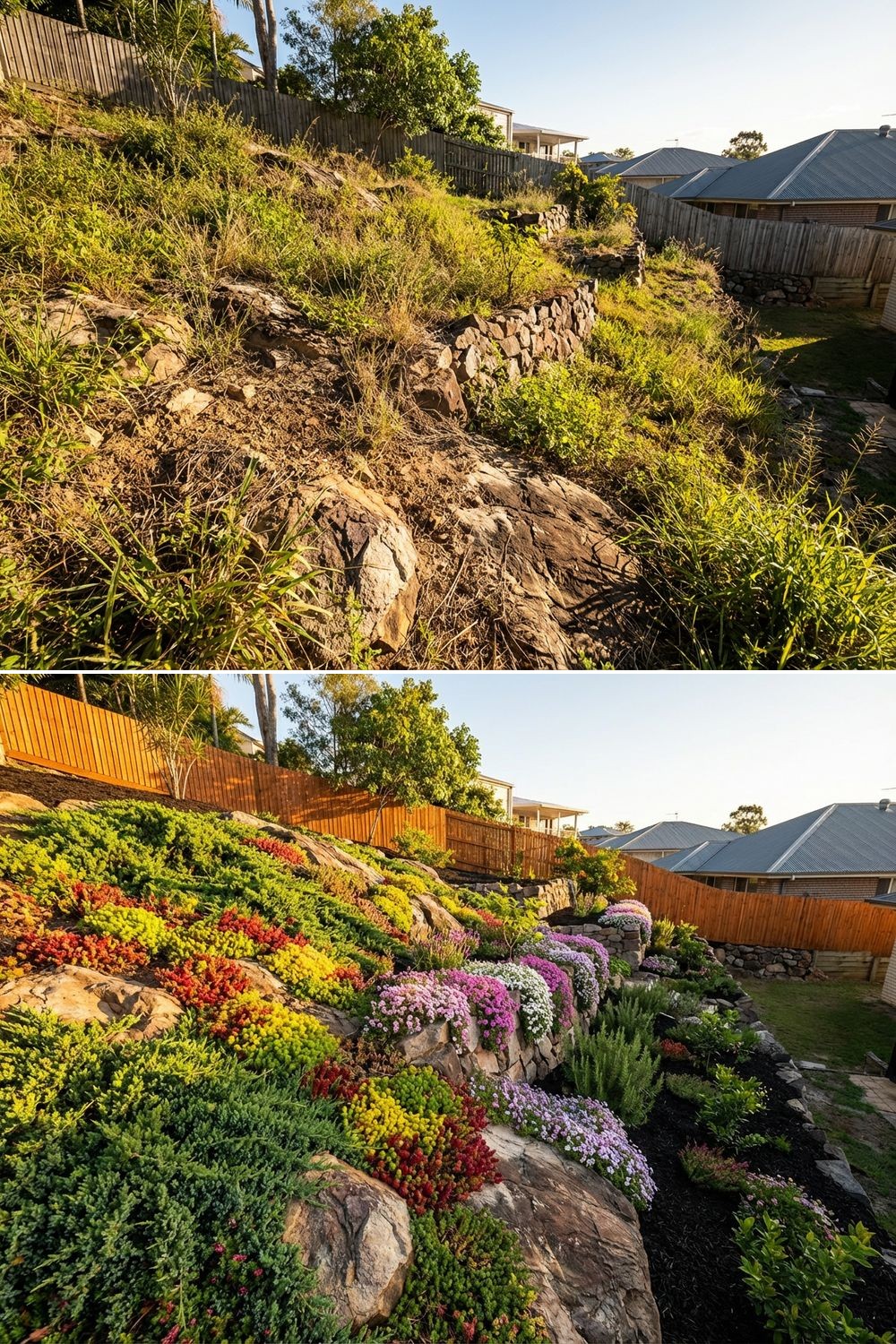 Rocky sloped backyard turned into a planted hillside garden