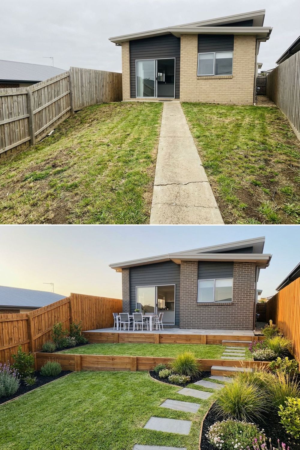 Sloped backyard with a raised deck and terraced lawn
