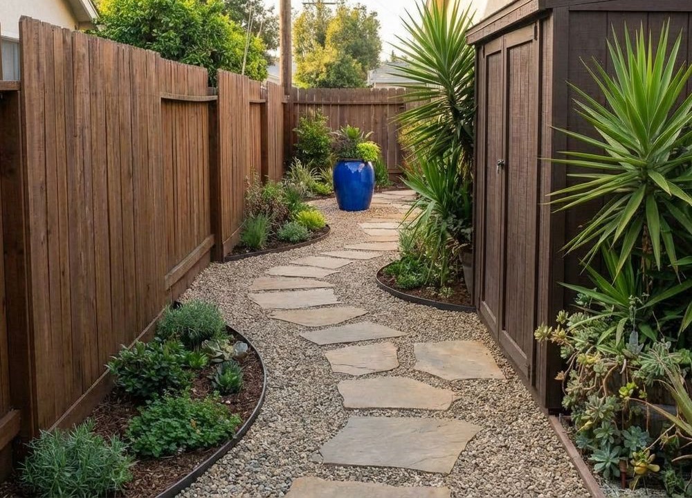 Narrow small backyard with a stepping-stone path, planted edges, and a clear destination