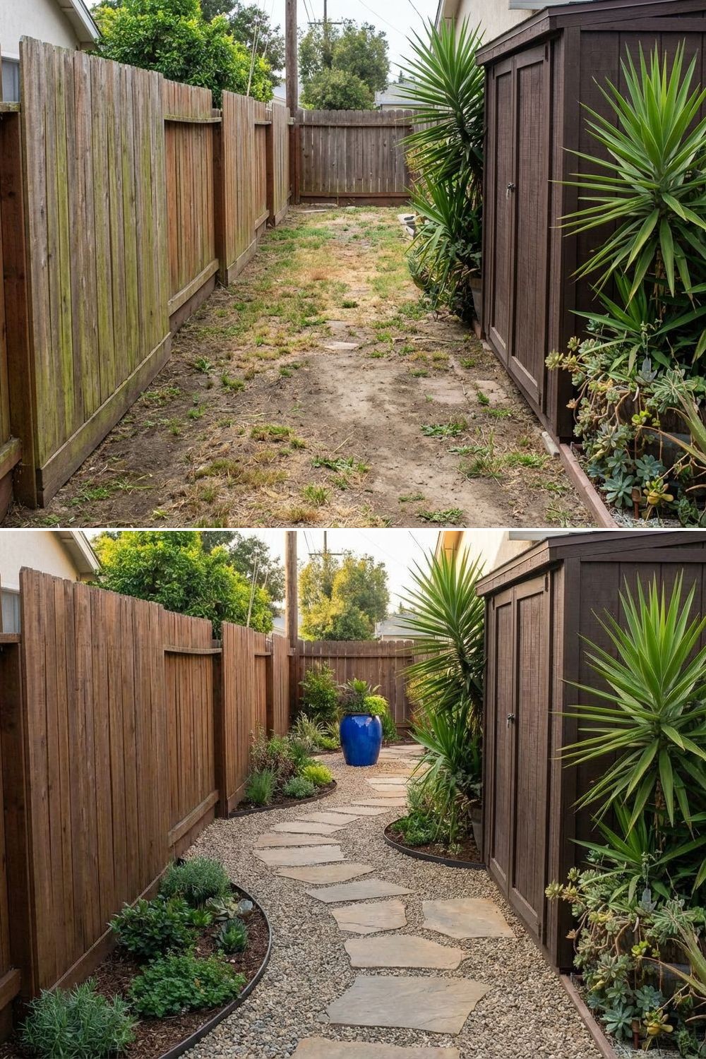 Narrow small backyard with a clearer path and planting edge