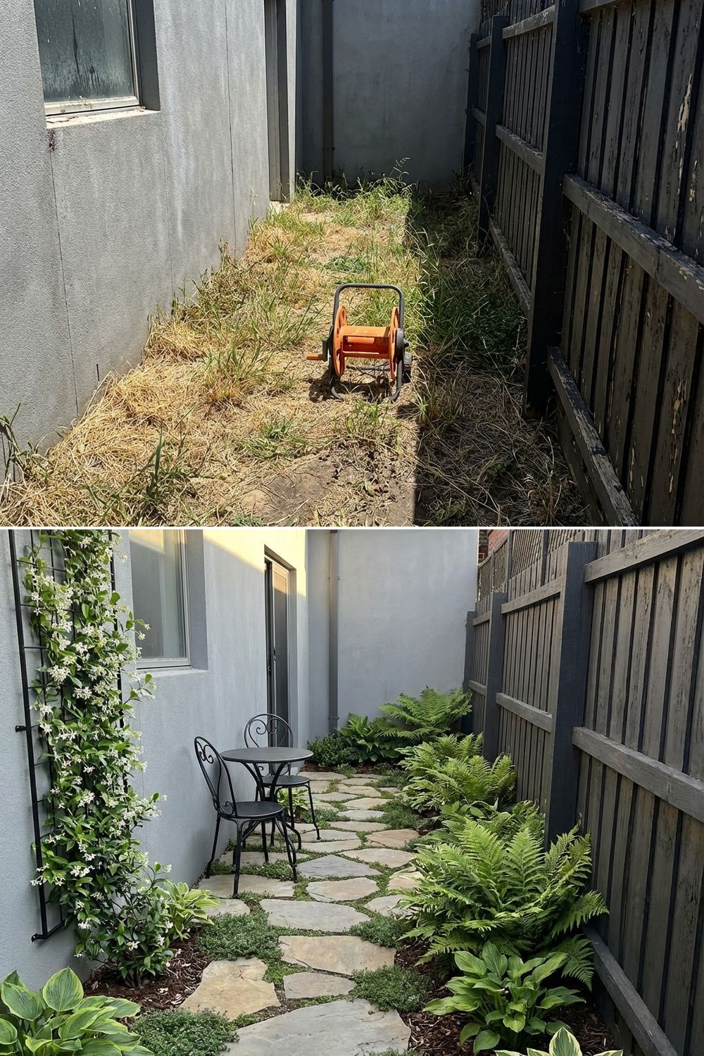 Tiny backyard courtyard turned into a compact paved seating nook