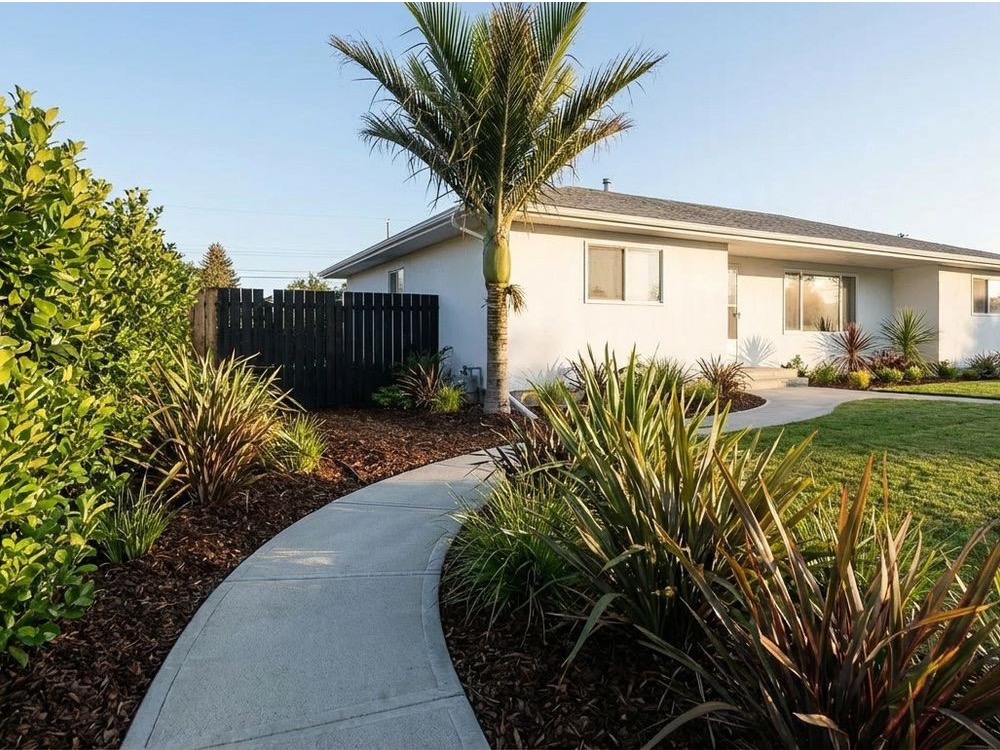 AI landscape design example showing a black fence transformed into a lush planted garden