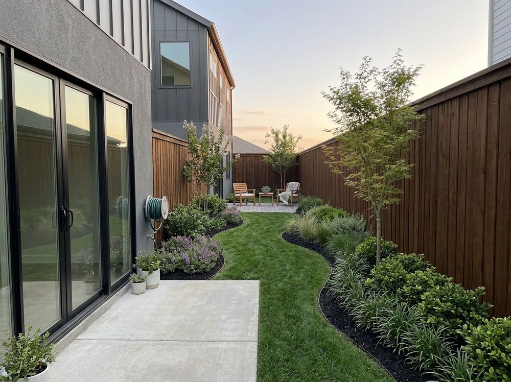 Backyard with curved lawn lines, deep planting, and a seating destination at the far end
