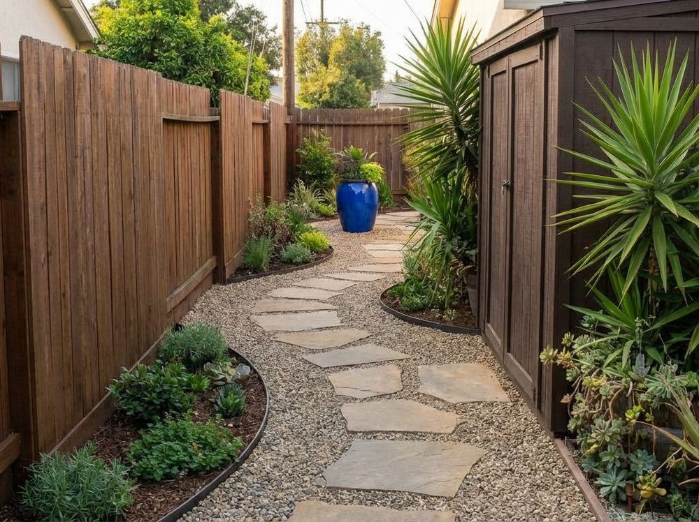 Narrow backyard with a curved path and layered planting that slows the view