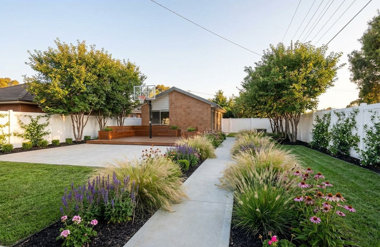 Backyard with a clearer patio and path composition framed by layered planting