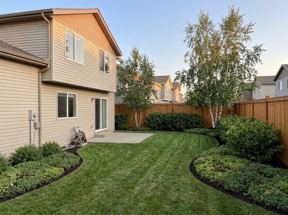 Backyard with curved lawn edges and layered planting along the fence