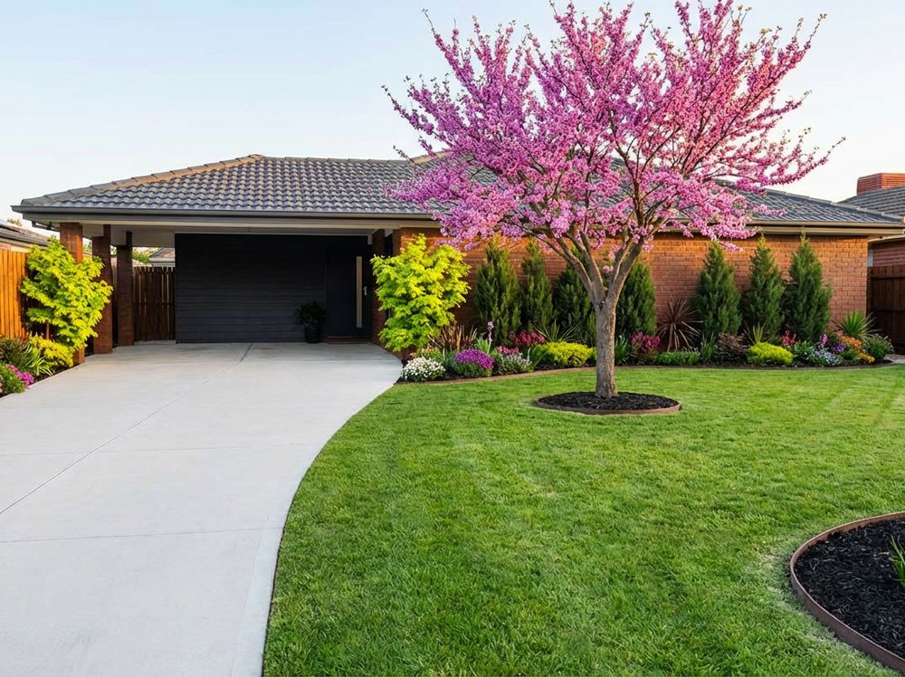 Brick house with softened driveway edge and stronger curb appeal planting