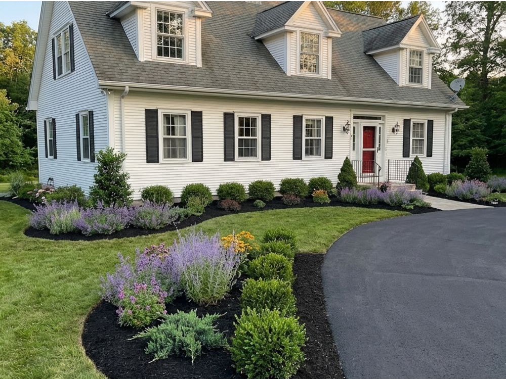 Cape Cod front yard with balanced layered planting