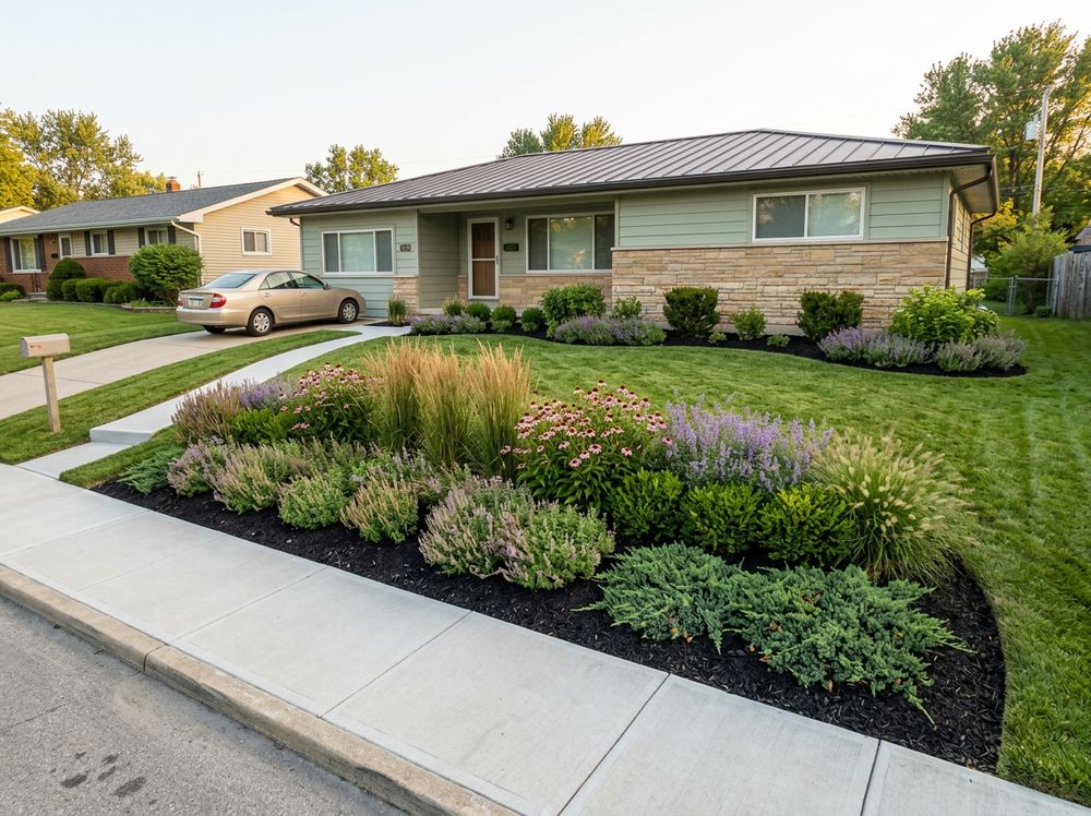 Front yard with sweeping plant masses and a more coherent planted foreground