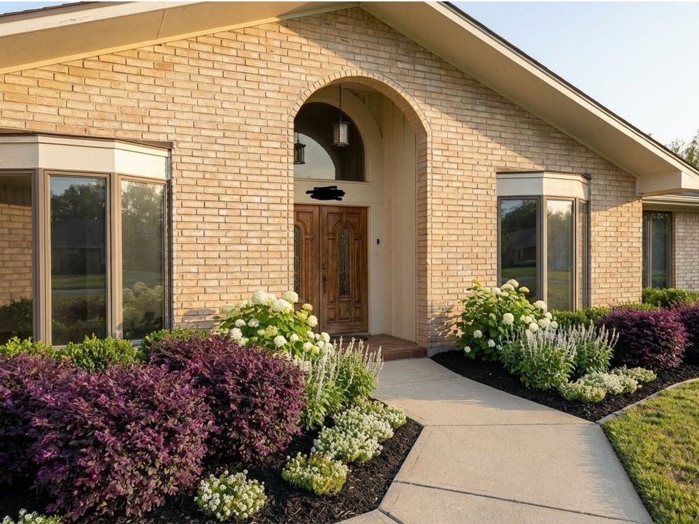 Old brick house modernized with natural, layered landscaping