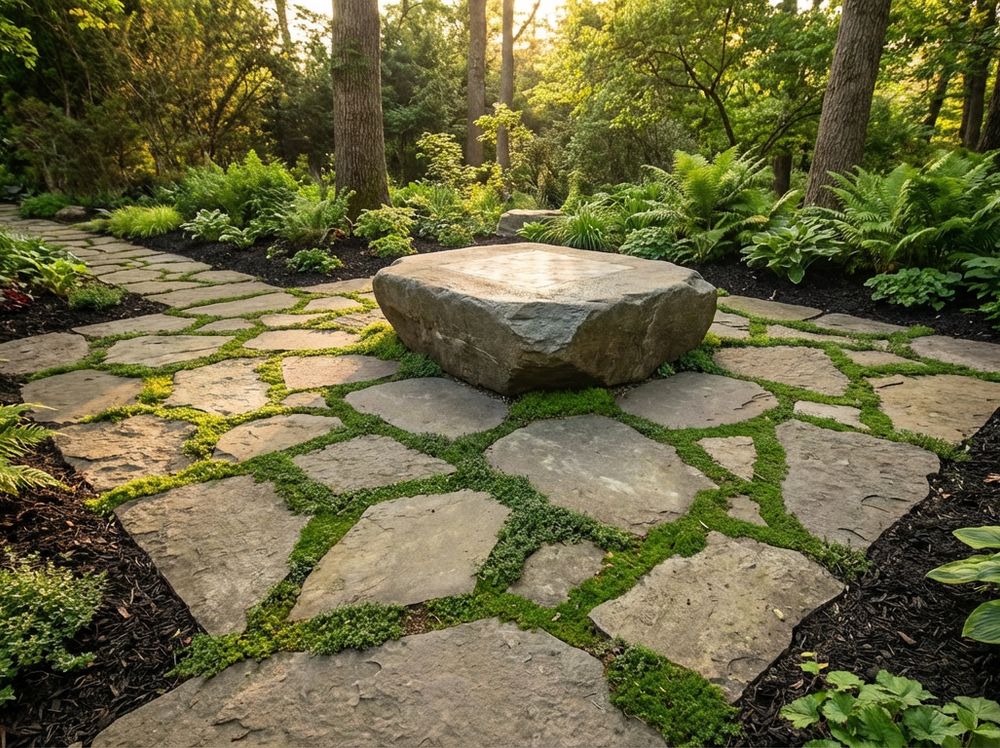 Stone patio used as a destination feature within a planted garden
