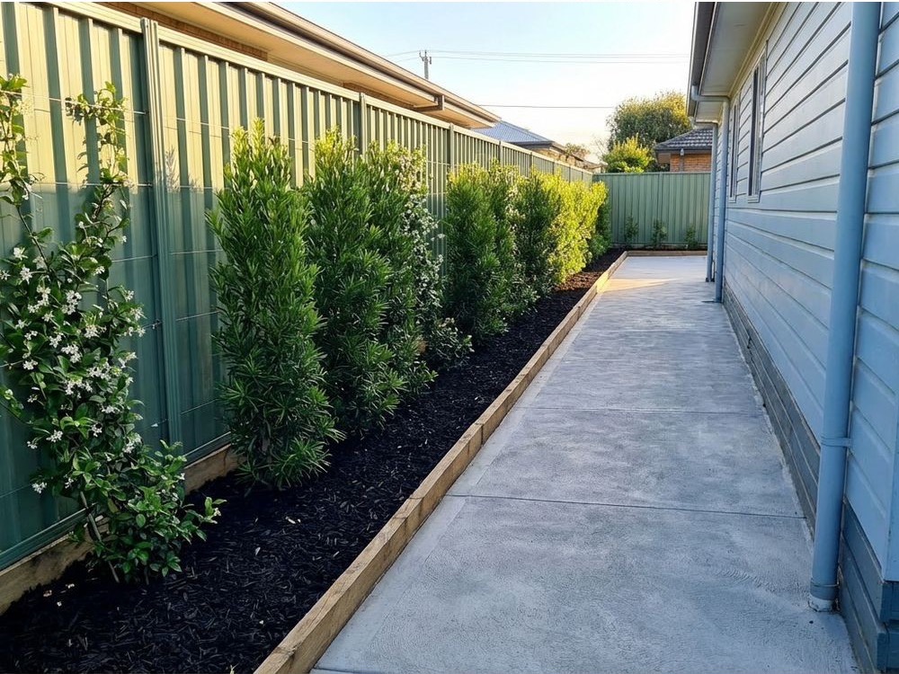 Privacy planting idea for a narrow bed against a side fence