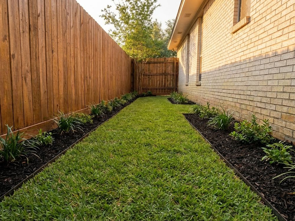 Side yard with improved drainage and a usable grassy or stable access strip