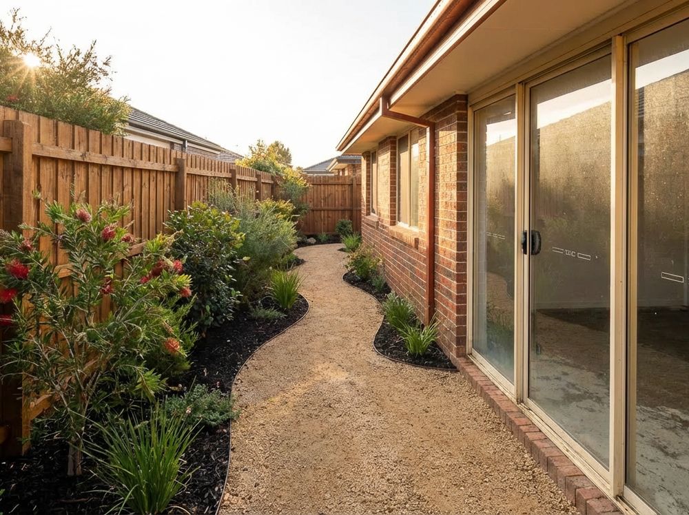 Side yard with a curving path and planting that makes the corridor feel wider and calmer