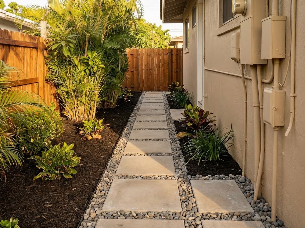 Side yard stepping path with gravel joints and planting that keeps the corridor clear