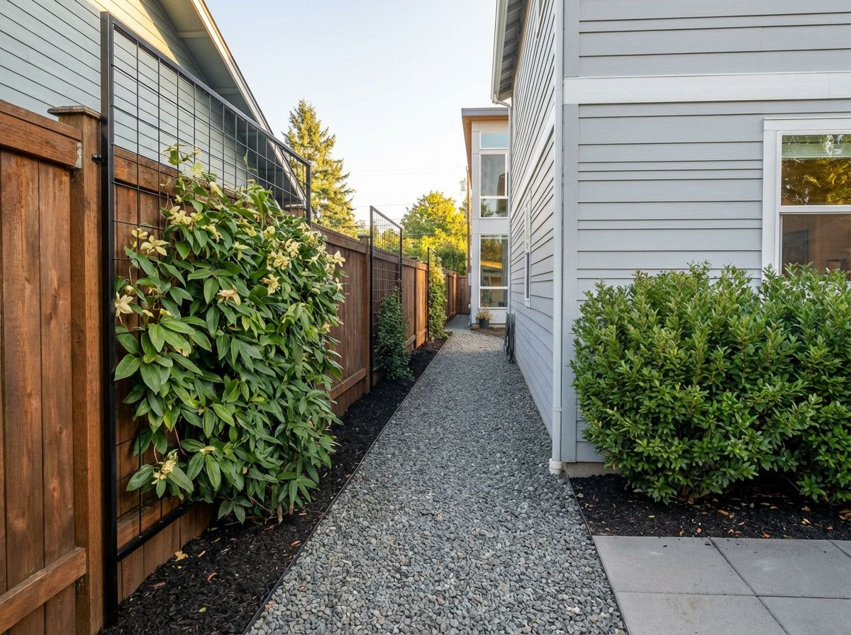 Narrow side yard privacy screen using slim supports and narrow planting