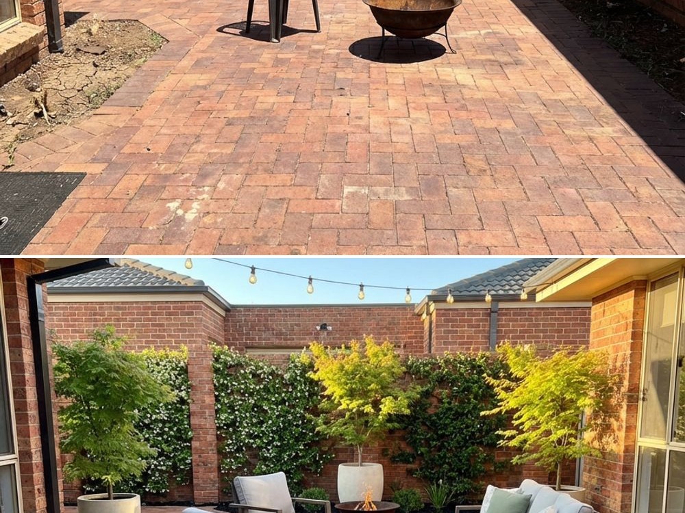 Softened brick courtyard with lush layered planting