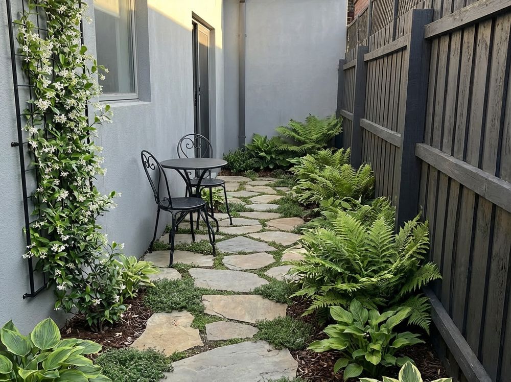 Small courtyard backyard turned into a compact flagstone seating area with lush borders
