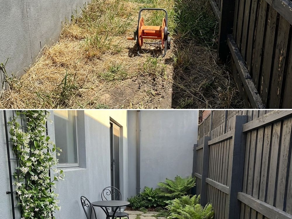 Small courtyard with resolved hardscape and lush edges
