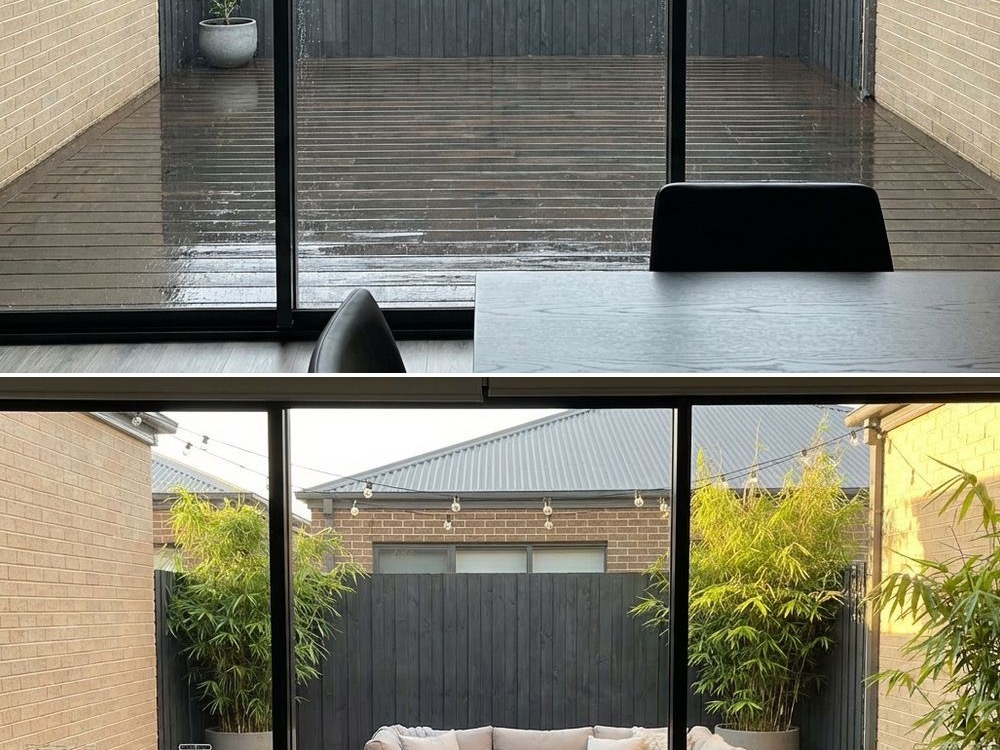 Resolved backyard layout with seating zones and lush planting